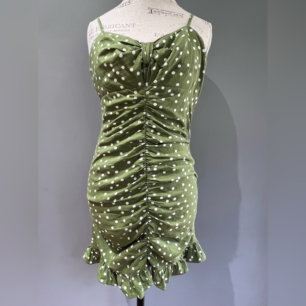 NWT ZARA Green Polka Dot Ruched Dress Sz Medium - Picture 2 of 8